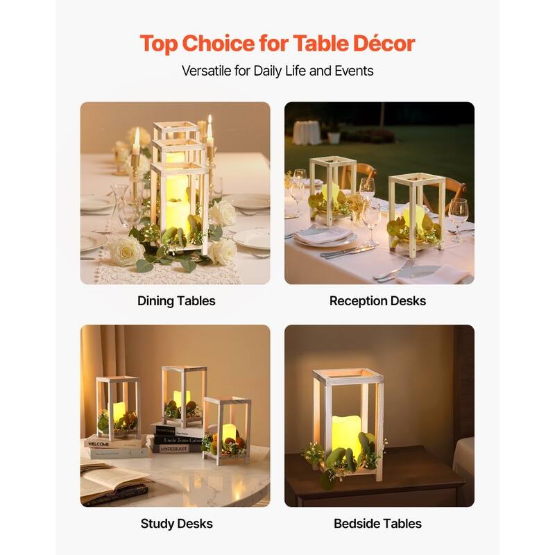 Wooden Wedding Lantern Set with LED Candles and Eucalyptus Wreath Rustic Cedar Table