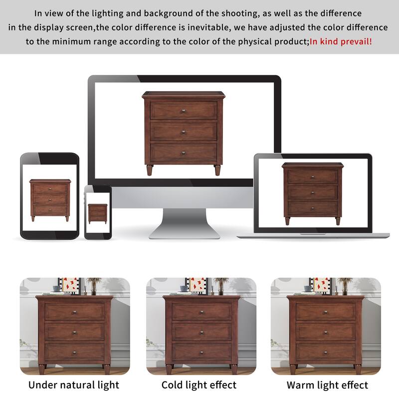 U_STYLE 28'' Pine Wood 3-Drawer Nightstand - Smooth Rails + Rubber Legs, Minimalist Bedside/Sofa Side Table