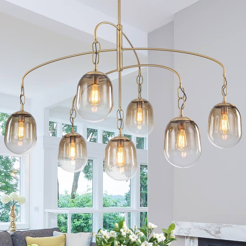 Modern Gold Chandelier Gradient Glass Shades 2-Tier Curved Arm - 7-Lights