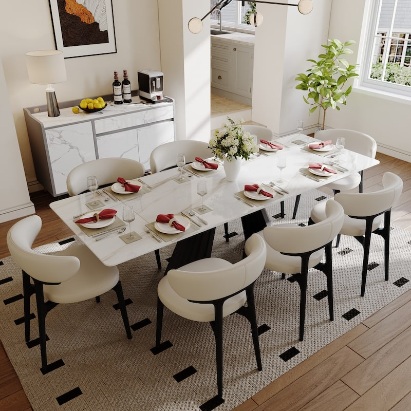 63-95" Extendable Modern Dining Table for 6-10, White Glossy Sintered Stone Tabletop