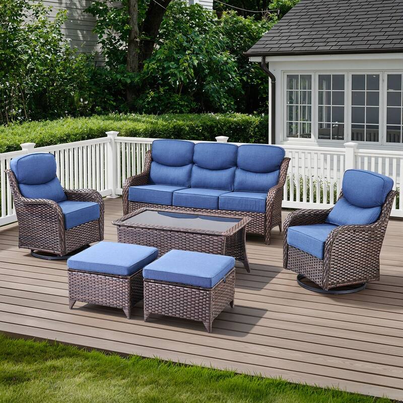 Arcadia 6-Piece Wicker Patio Conversation Set with Swivel Gliders and 6-Inch Thick Olefin Cushions
