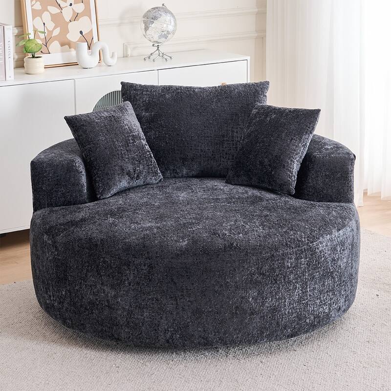 Round Accent Chair with High-Resilience Cushions, Swivel Chenille Barrel Chair, Fluffy Sleeper Lounge Chair