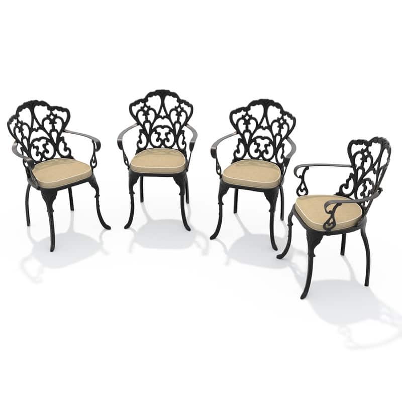 Black Cast Aluminum Patio Outdoor Dining Chairs with Seat Cushions