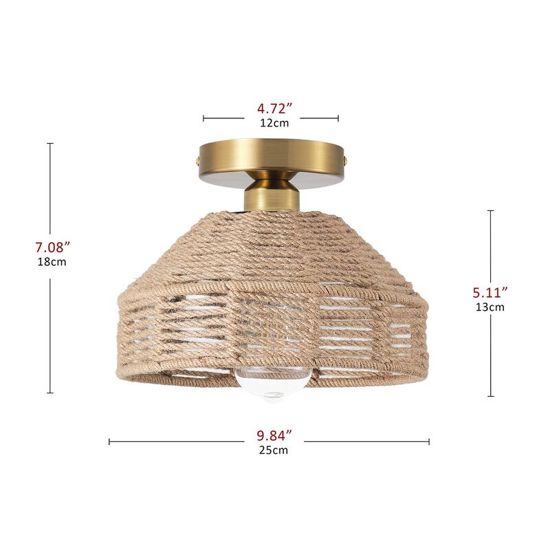 Farmhouse 1-Light Handmade Hemp Rope Weaving Semi Flush Mount Ceiling Light