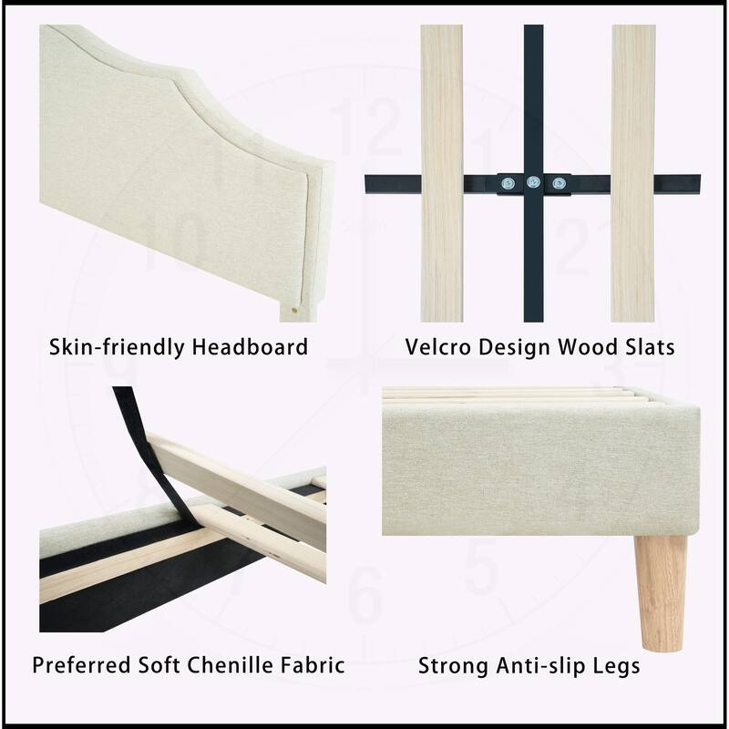 Linen Fabric Padded Platform Bed with Adjustable Headboard