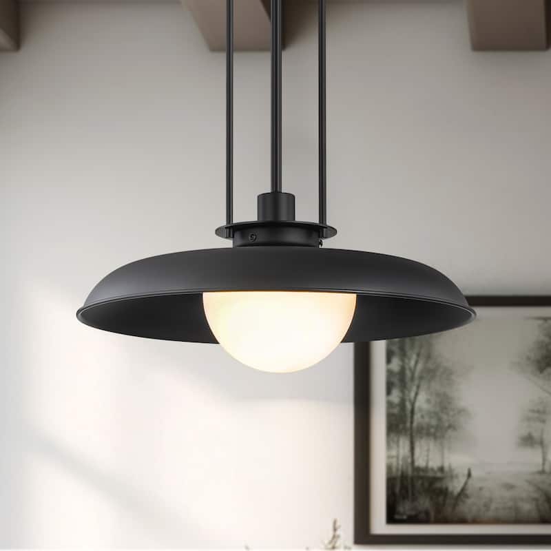 1-Light Modern Industrial Black Dome Pendant Island Light with Frosted Opal Glass Globe Shade - Black