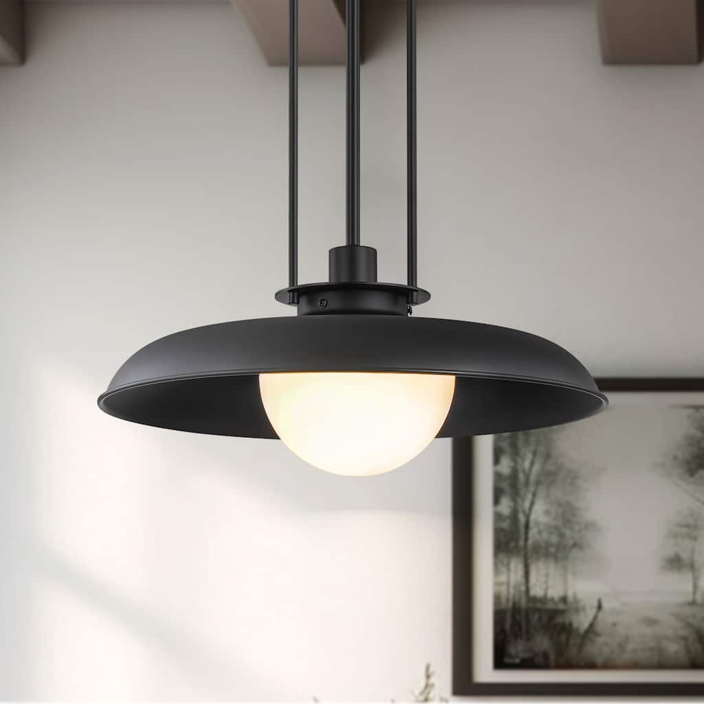1-Light Modern Industrial Black Dome Pendant Island Light with Frosted Opal Glass Globe Shade