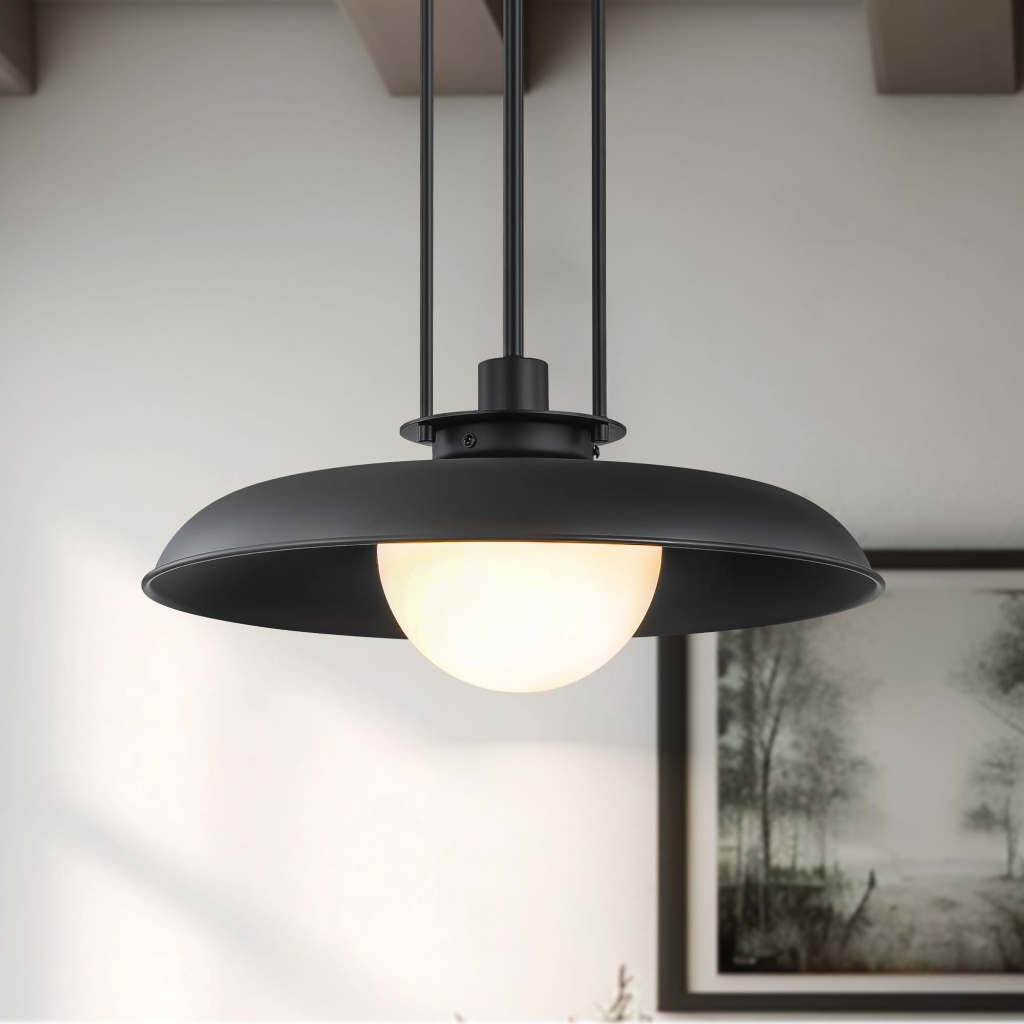 Rennnsan 1-Light Modern Industrial Black Dome Pendant Island Light with Frosted Opal Glass Globe Shade