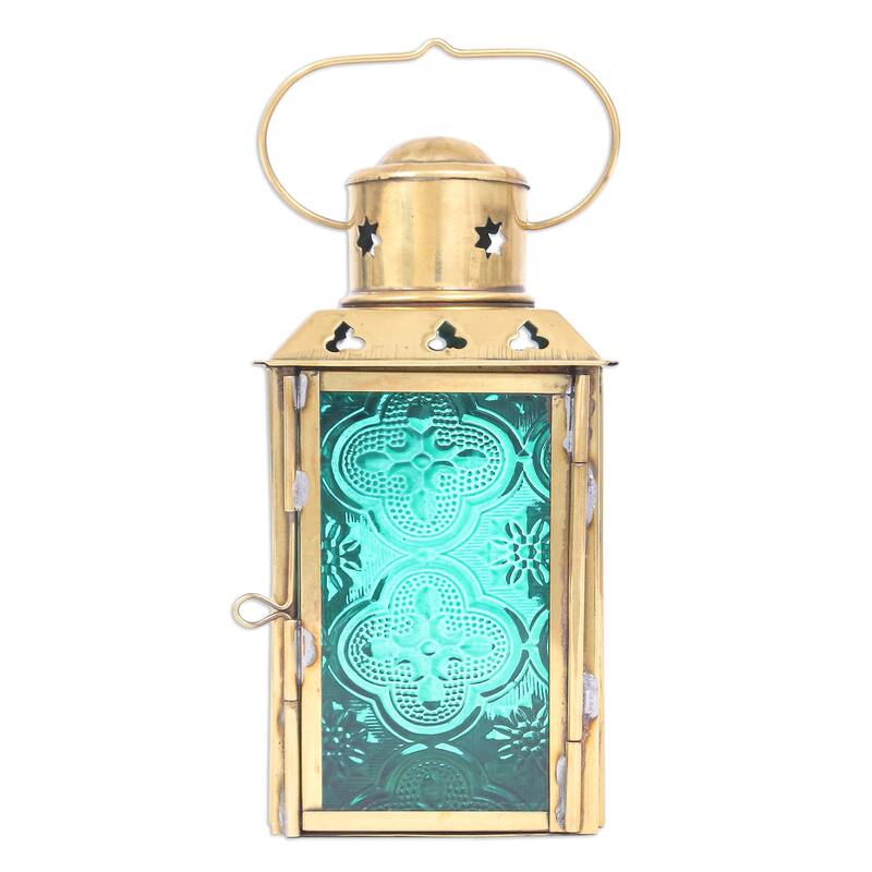 Novica Handmade Lantern In Green Glass And Brass Tealight Holder