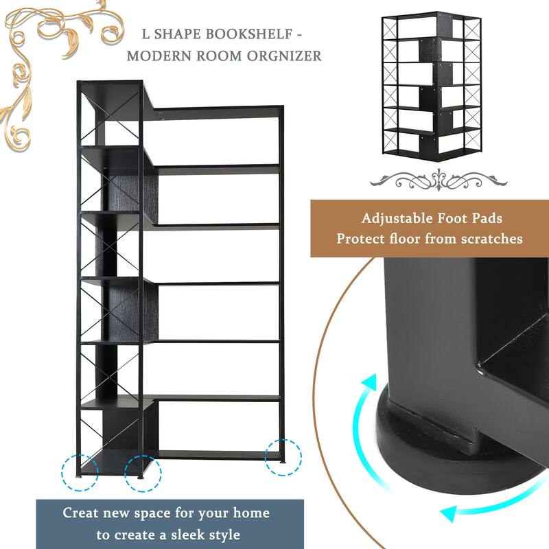 7-Tier Bookcase Home Office Bookshelf, L-Shaped Corner Bookcase with Metal Frame