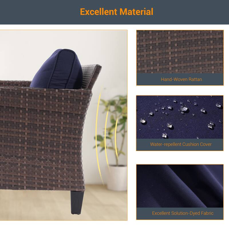 Livoosun 8 Pieces Patio Sofa with 28'' Fire Table Set, PE Wicker, Wide Armrests High Back Sofa Chair Design for Lawn, Patio