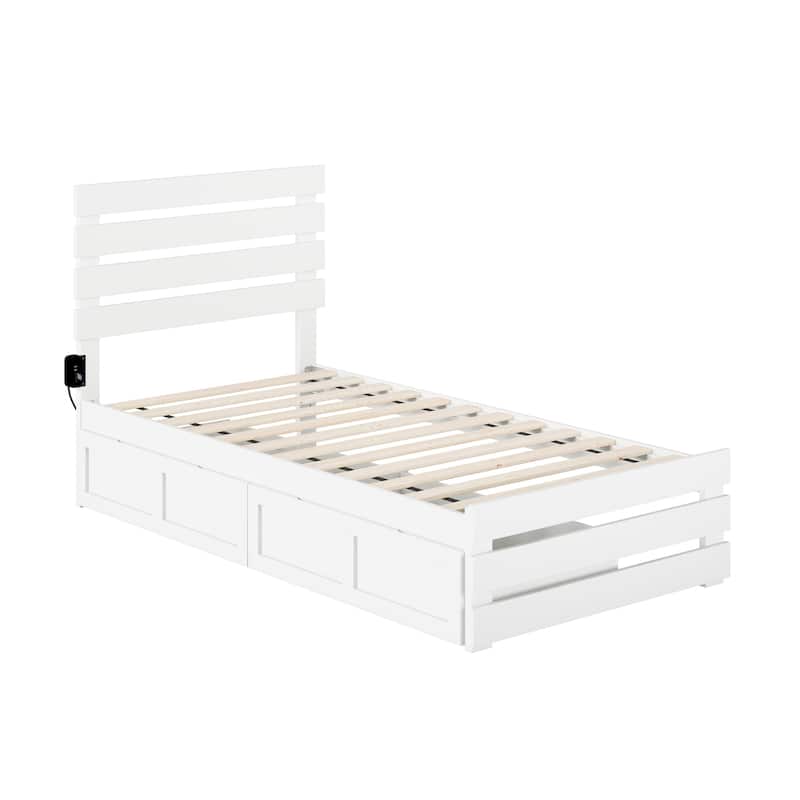 Twin Bed with Footboard & Drawers - USB Charger, Solid Wood Frame, Slat Support - White - 76" x 40"