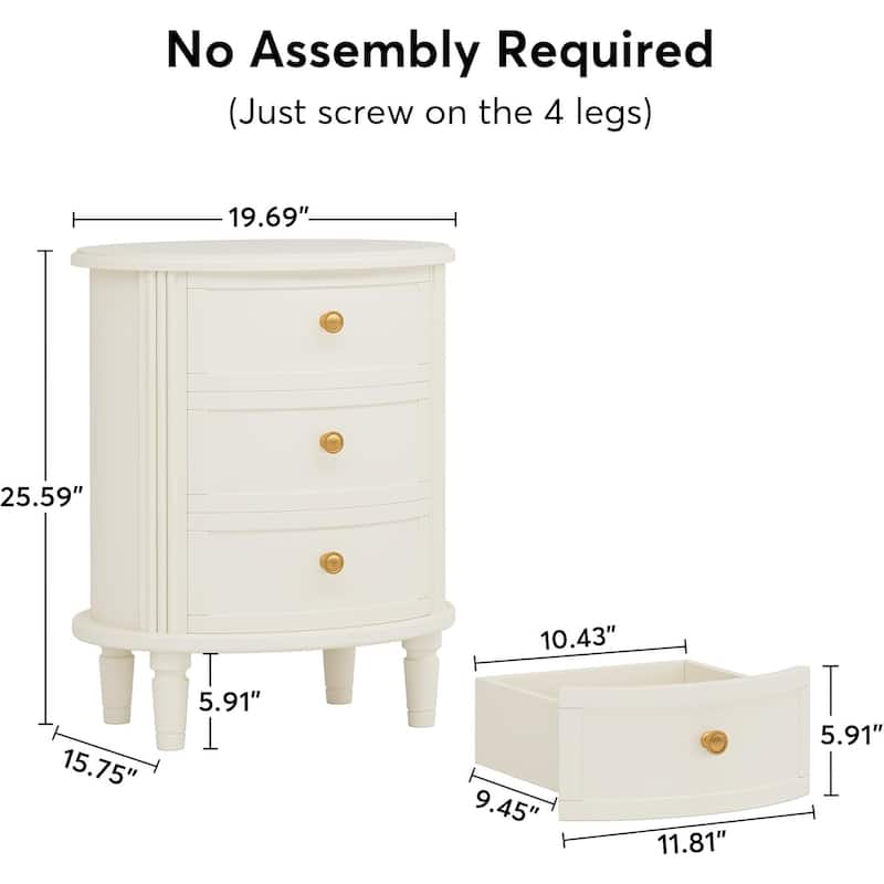 20" Oval Nightstand with 3 Drawers, Beige White