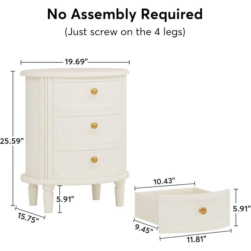 White-Beige Wood Oval Nightstand with 3 Drawers and Spacious Storage