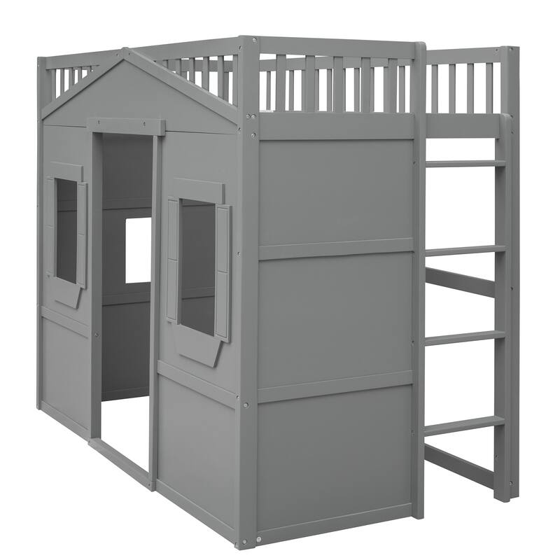 Modern Twin/Full Loft Bed with Ladder, Solid Pine Wood, Safety Guardrails