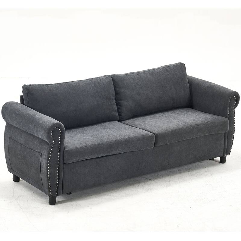 63" Polyester 3-Seater Sleeper Sofa with Pull-Out Mattress and Retro Rivet Armrests
