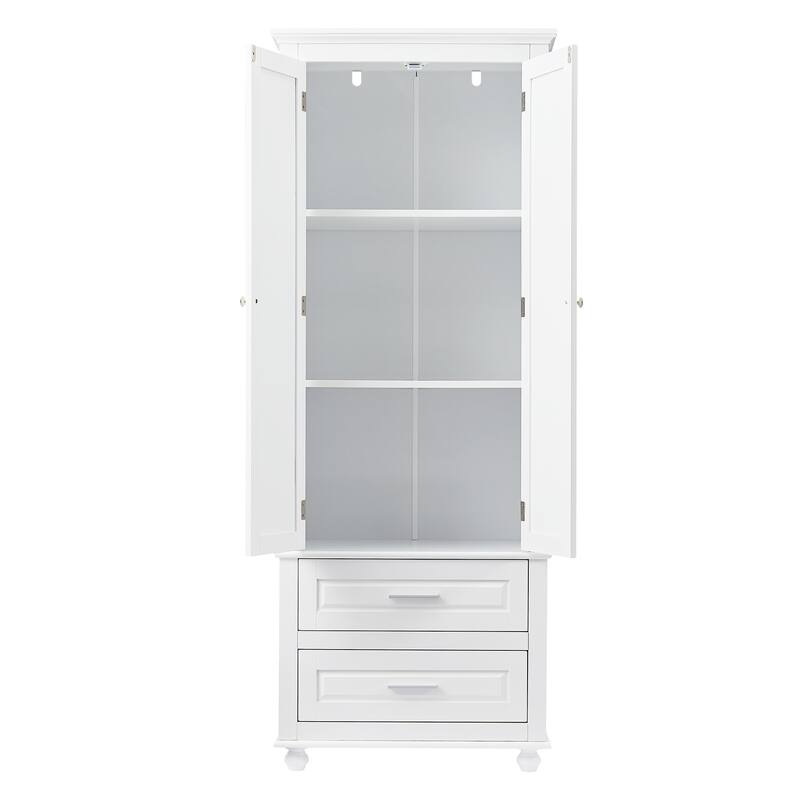 Roomfitters 64" Tall Bathroom Storage Cabinet, Modern MDF Linen Tower with 2 Large Drawers & Adjustable Shelves, White