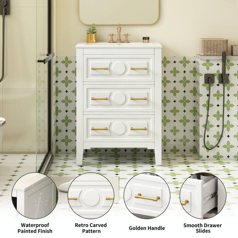24" Bathroom Vanity with Ceramic Sink Combo, Free-Standing Single Vanity Set with 3 Drawers