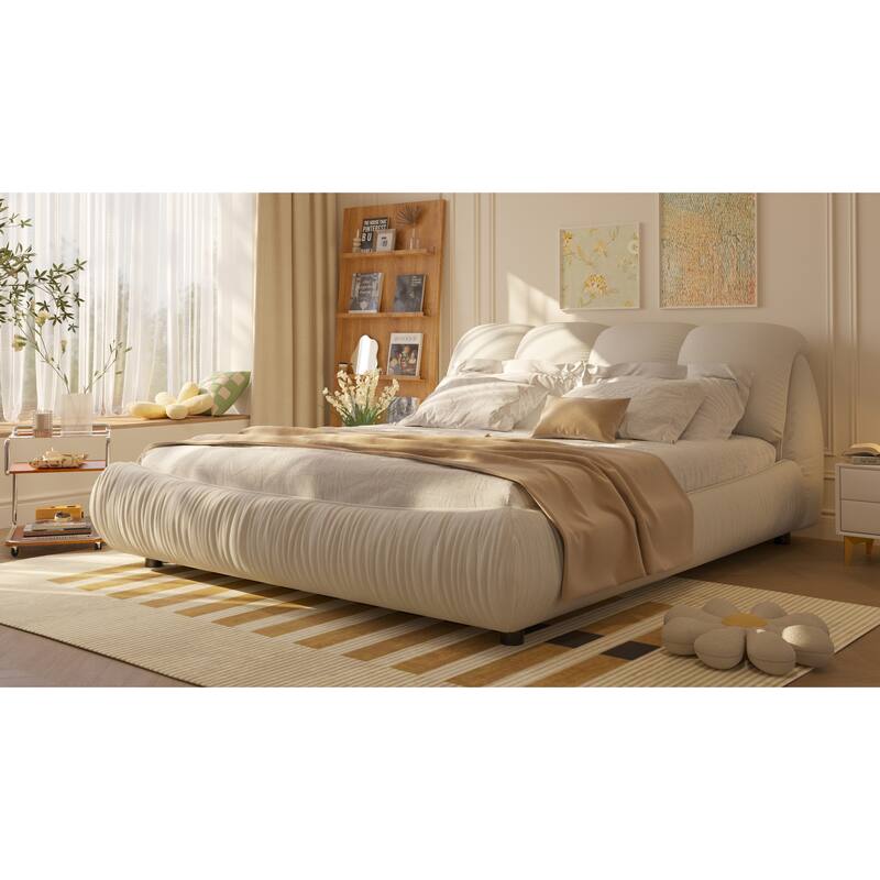 King Upholstered Platform Bed, Oversized Padded Backrest Bed Frame, Beige