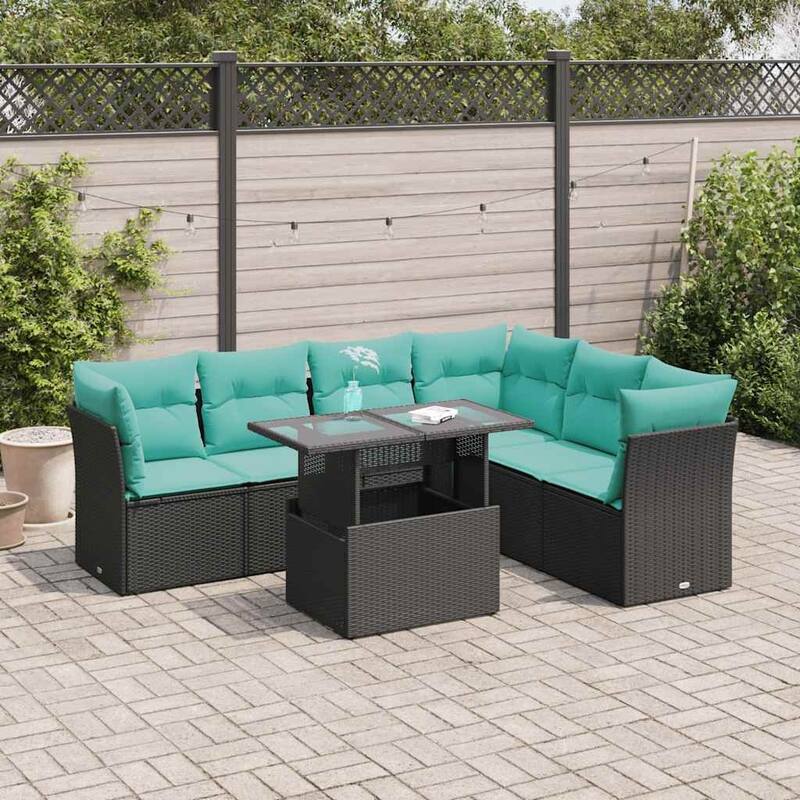 vidaXL 7 Piece Patio Sofa Set with Cushions Brown/Gray Poly Rattan - 24.4 x 24.4 x 27.2 - Black with storage