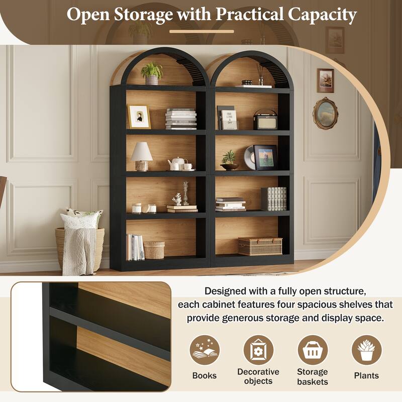 Set of 2 Farmhouse Tall Bookshelves with Arched Top, 5-Tier Open Storage Display Cabinet for Living Room