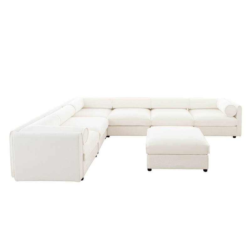 Modern Chenille 6-Seater Sofa with Ottoman Storage, Hidden Storage, Cylindrical Cushioned Arms and Backrest
