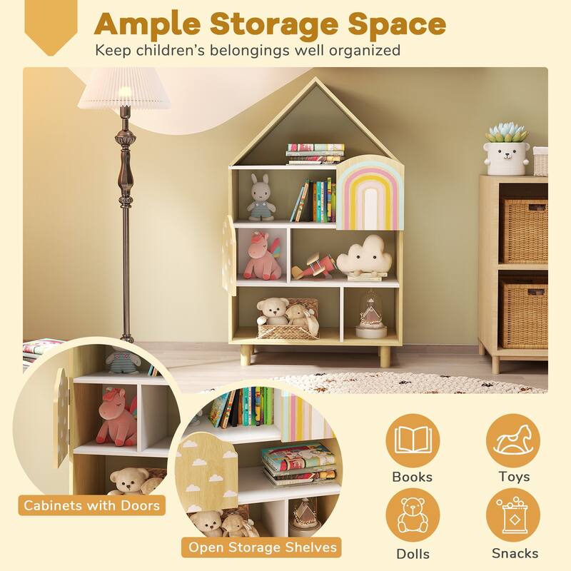 Natural Wood Kids Bookshelf House Shaped Toy Storage Organizer with Doors and Shelves - 23.5" x 12" x 40.5"