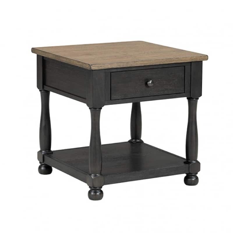 Ginie Chairside End Table, 1 Drawer, Black Brown Solid Wood, 24 Inch