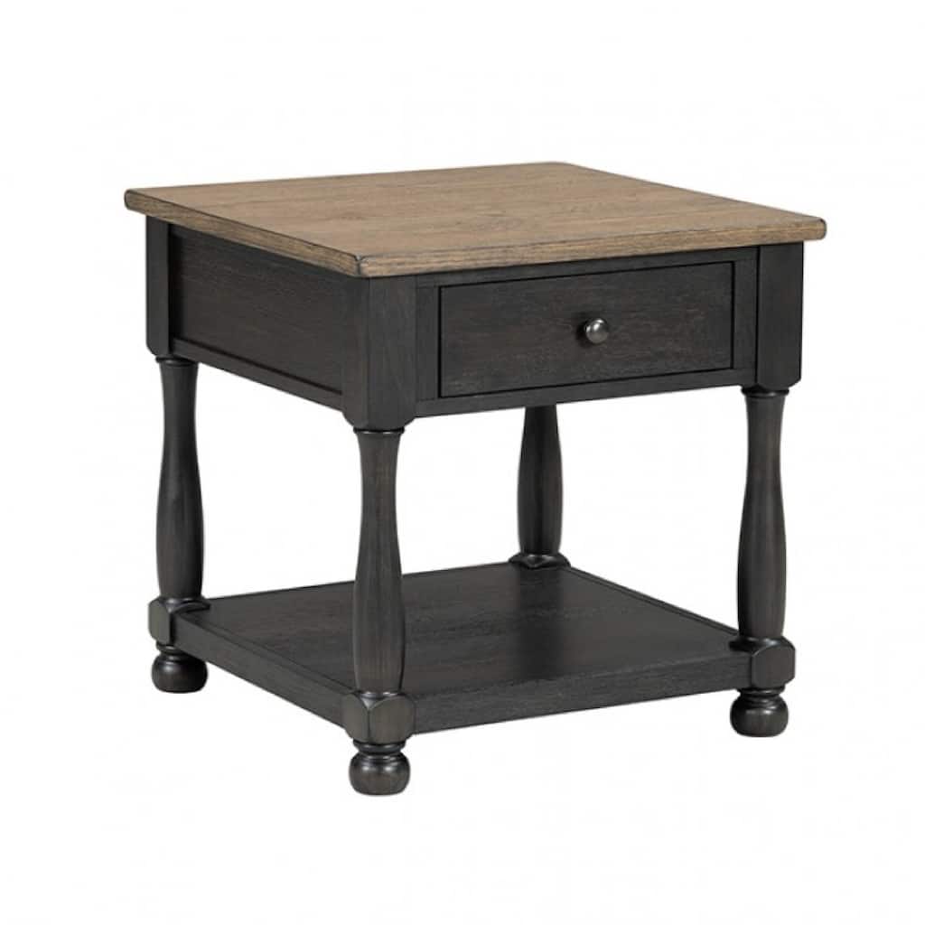 Ginie Chairside End Table, 1 Drawer, Black Brown Solid Wood, 24 Inch