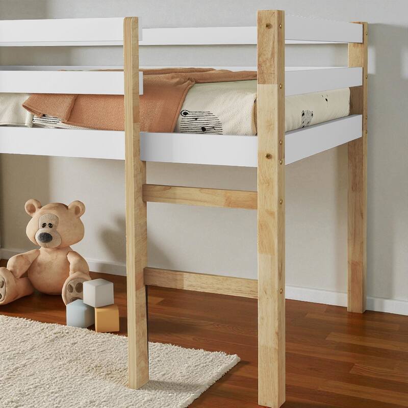 Solid Wood Twin Loft Bed with Ladder, Rubber Wood Frame Low Height Design with Guard Rails and Storage Space