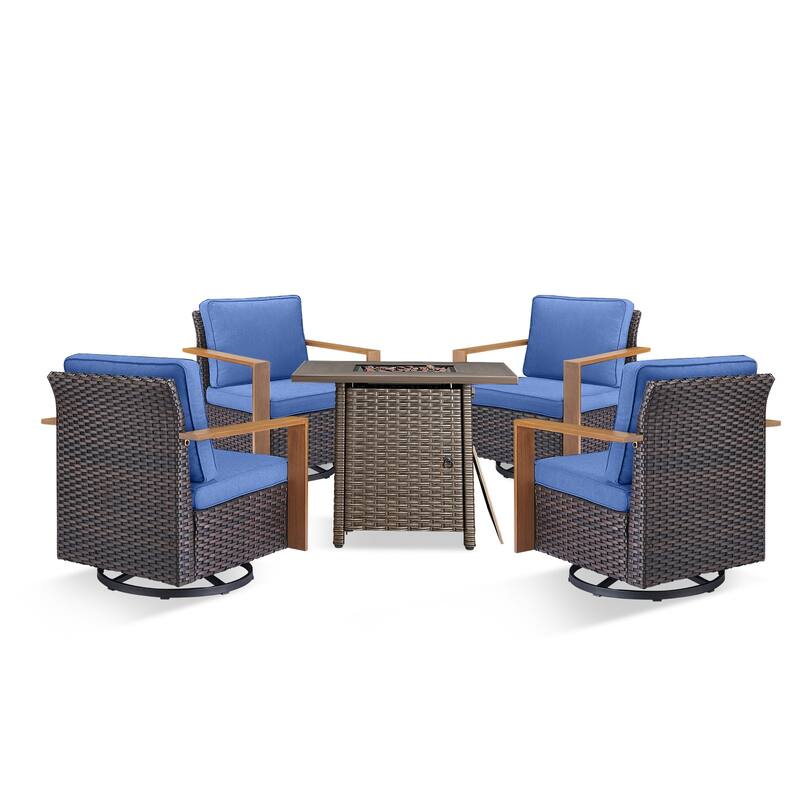 Pocassy 5 Pieces Outdoor All-Weather Chair with Fire Table Set
