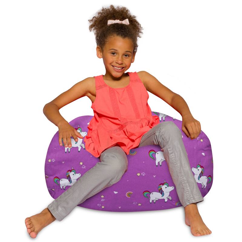 Kids Bean Bag Chair, Big Comfy Chair - Machine Washable Cover - 27 Inches Medium - Canvas Unicorn and Rainbows on Purple