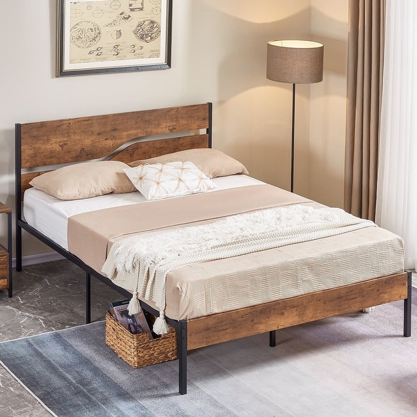 VECELO Queen Size Bed Industrial Platform Bed Frame with Wood