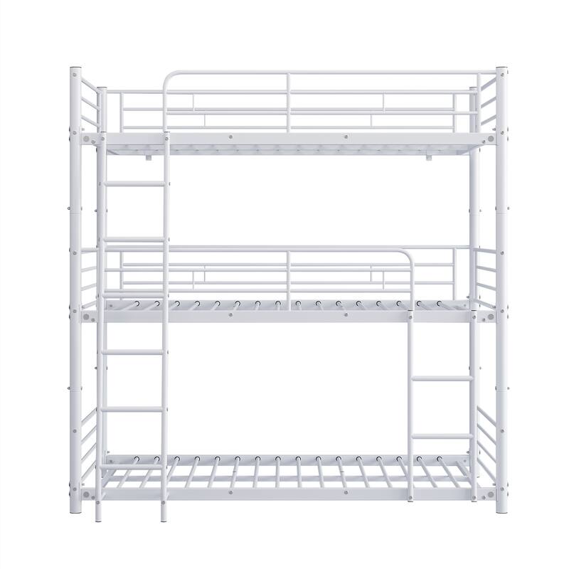 Heavy Duty Metal Triple Twin Bunk Bed with Guardrails, Ladder & Storage, Easy to Assemble