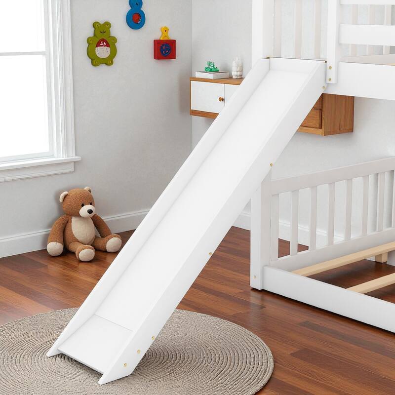 Twin Over Twin / Full Over Full Wooden Bunk Bed with Convertible Slide and Ladder, Guardrails, No Box Spring Needed