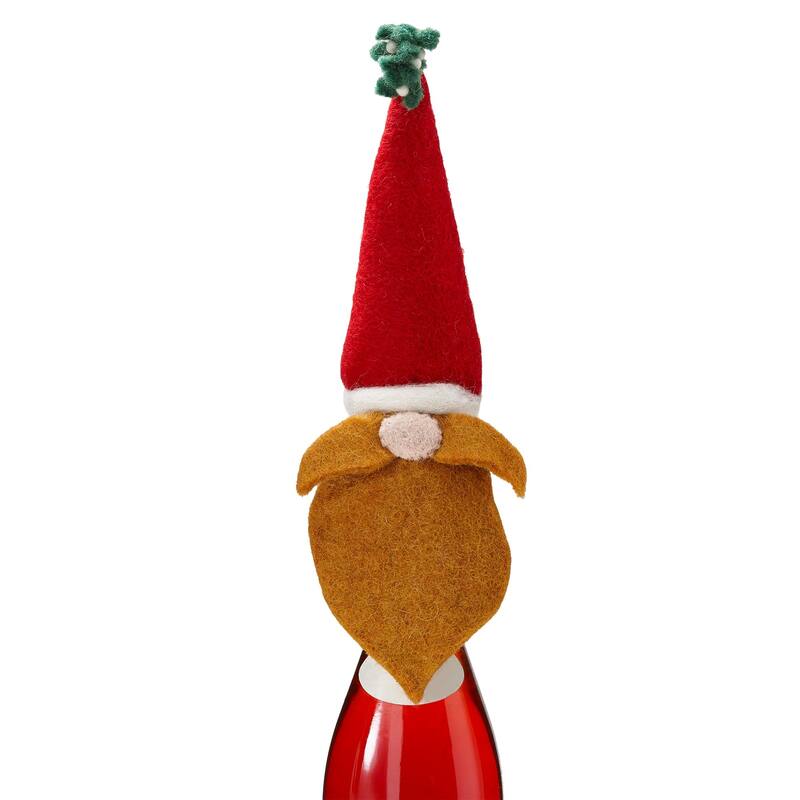 "Mistletoe Gnomie" Gnome in Santa Hat Themed Bottle Topper Red Wool 10.63 in.