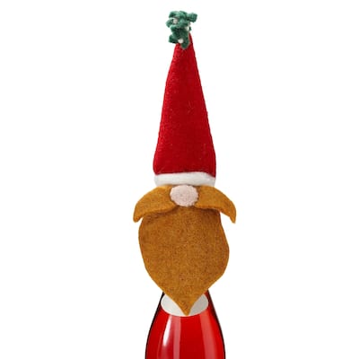 "Mistletoe Gnomie" Gnome in Santa Hat Themed Bottle Topper Red Wool 10.63 in.