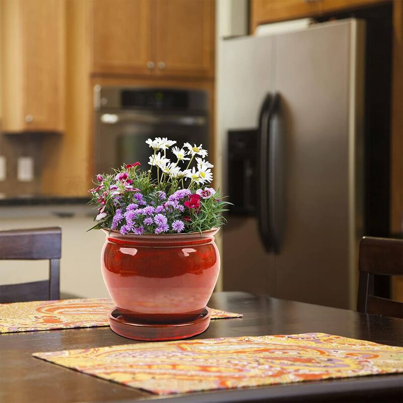Southern Patio Wisteria 8 Inch Diameter Ceramic Planter Pot with Saucer, Red - 4.41