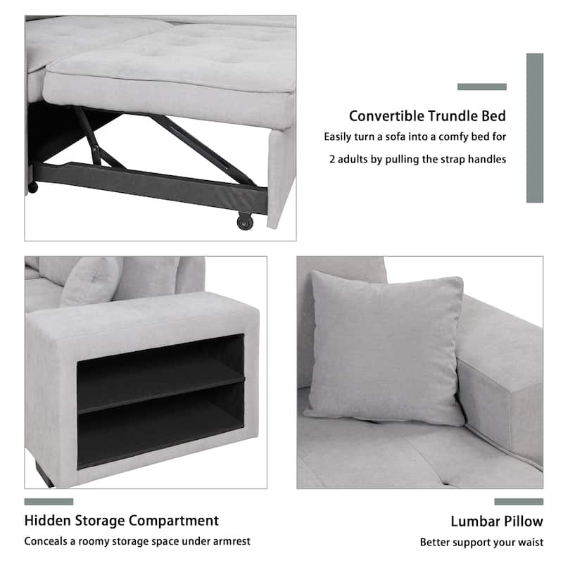 Grey 104.5" Charcoal L-Shaped 3-Seater Convertible Sofa with Pull-Out Bed, Storage Chaise, and 2 Convenient Stools