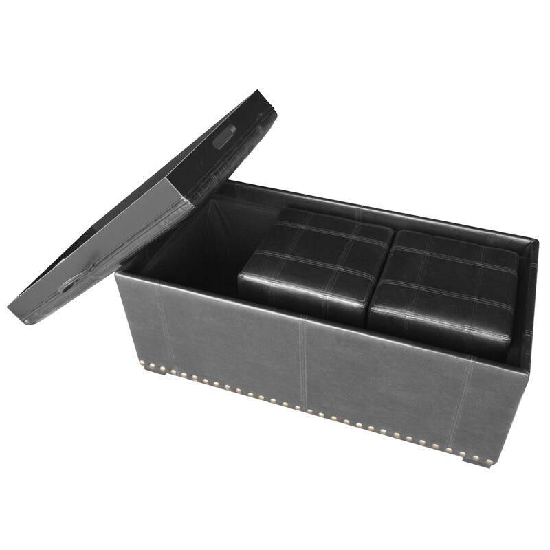 Leather Nailhead Storage Ottoman Bench Cube Set