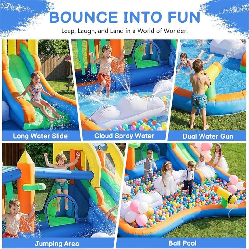 11-In-1 Inflatable Bounce House With Water Slide, Kiosk Theme Water Park For Kids Backyard, 750W Blower Included - N/A