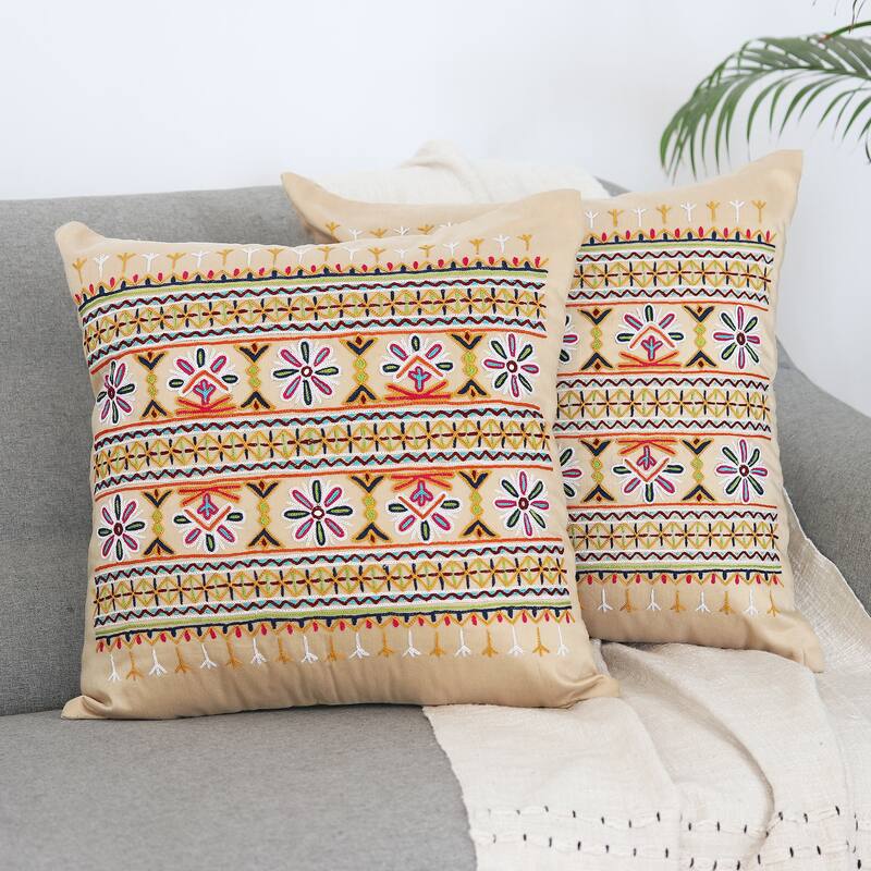 Novica Handmade Merry Meeting Embroidered Cotton Cushion Covers (Set Of 2)