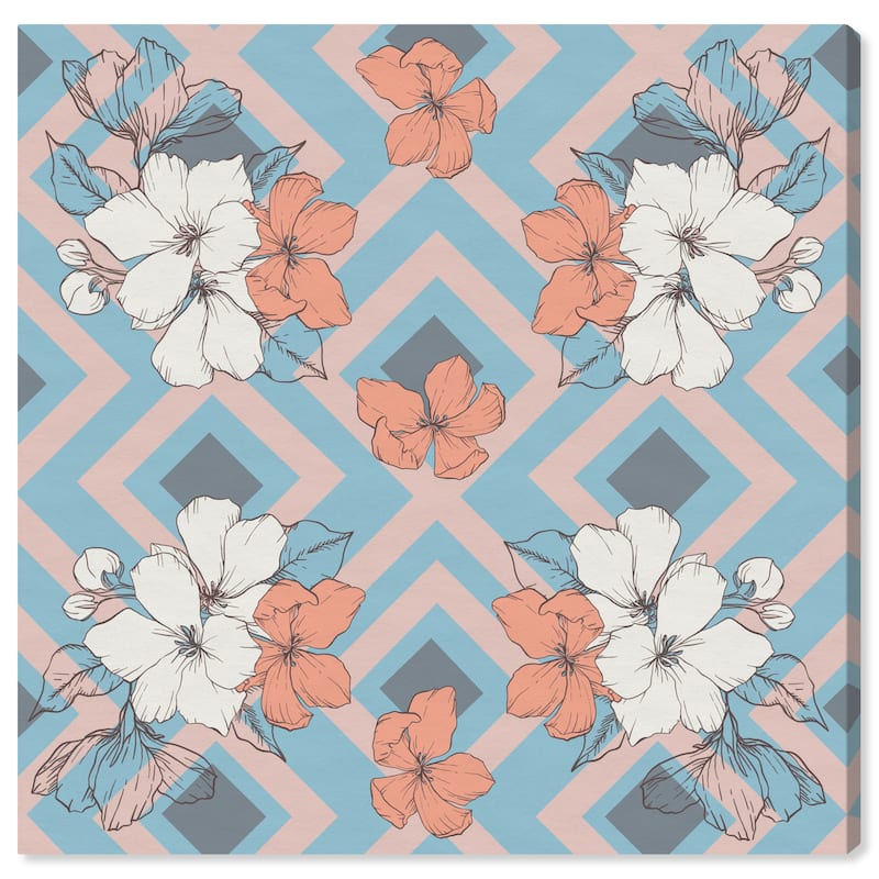 Wynwood Studio Canvas Floral and Botanical Chevron Flowers Blue and Light Blue Wall Art Canvas Print