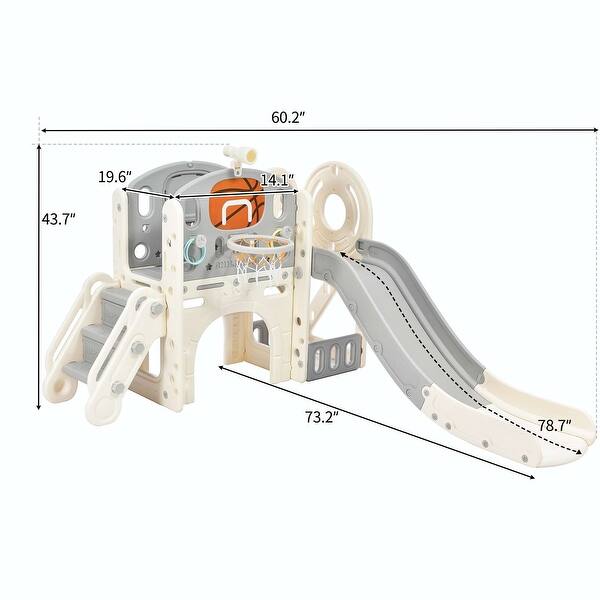 dimension image slide 2 of 7, Freestanding Castle Climbing Playset with Slide, Tunnel, Ring Toss, and Basketball Hoop - Toy Storage Organizer for Kids
