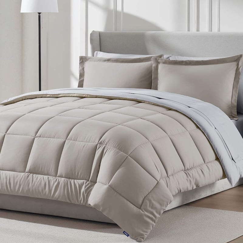 Emperyan Reversible Comforter Set Bed in a Bag with Cooling Pillow - Linen/Full - Full