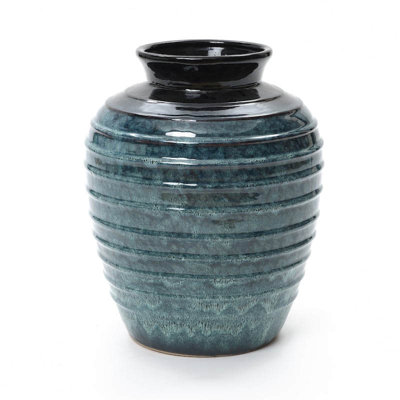 Rippled Blue with Brown Round Ceramic Vase, Home Decor Tabletop & Floor Accent - 15.75" H x 12.8" Diameter