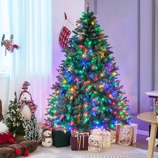 Gymax 7ft Pre-Lit Hinged Artificial Christmas Tree Decor w/ LED Lights ...
