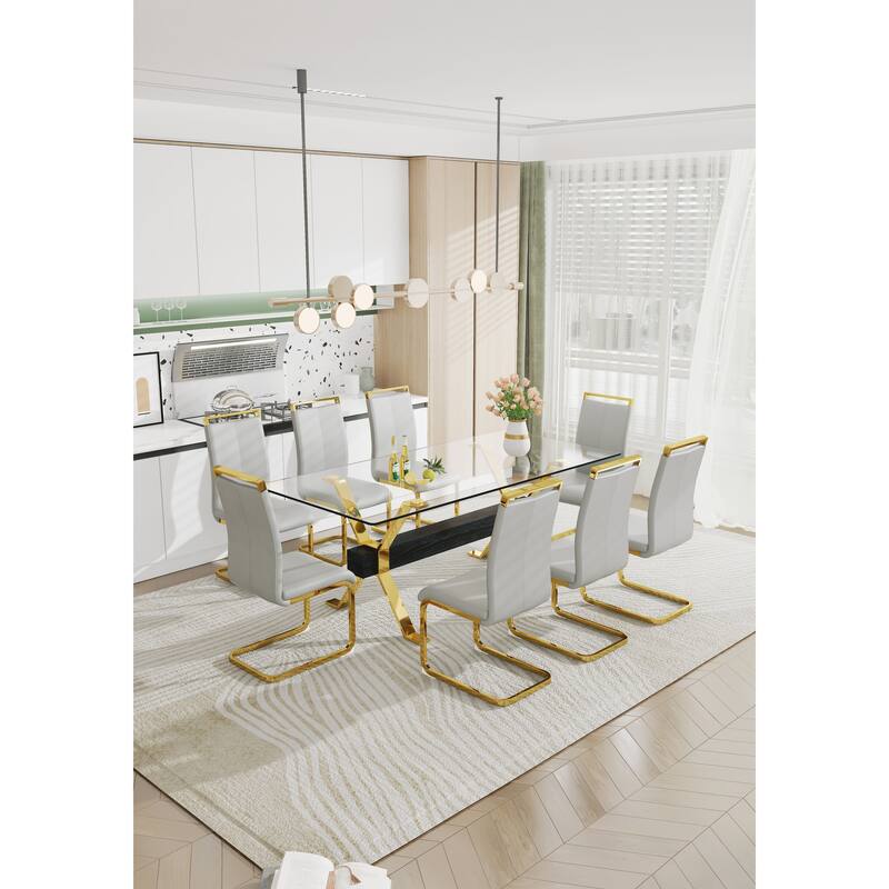 Roomfitters Large Glass Dining Table with Gold Plated Legs and MDF Crossbars for Kitchen or Office Use, Transparent