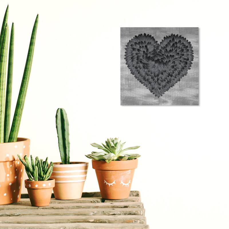 Wynwood Studio Canvas Fashion and Glam Grey on Grey Feather Heart Black and Modern & Contemporary Wall Art Canvas Print - 12 x 12