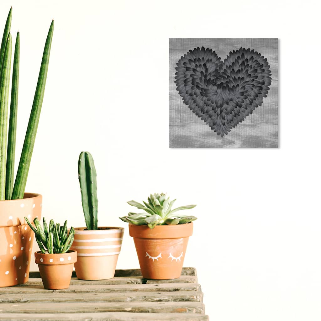 Wynwood Studio Canvas Fashion and Glam Grey on Grey Feather Heart Black and Modern & Contemporary Wall Art Canvas Print